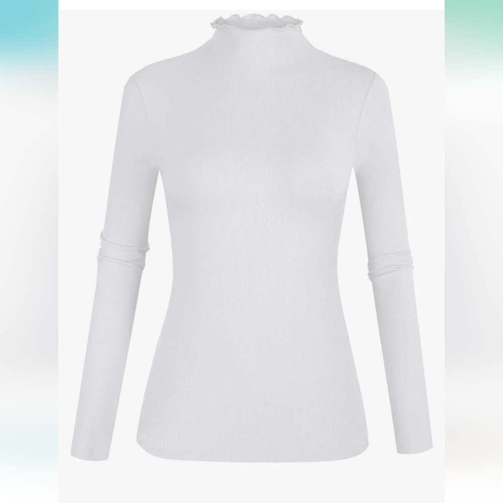 POPZONE Women's Lettuce Trim Mock Neck Ribbed Knit shirt
